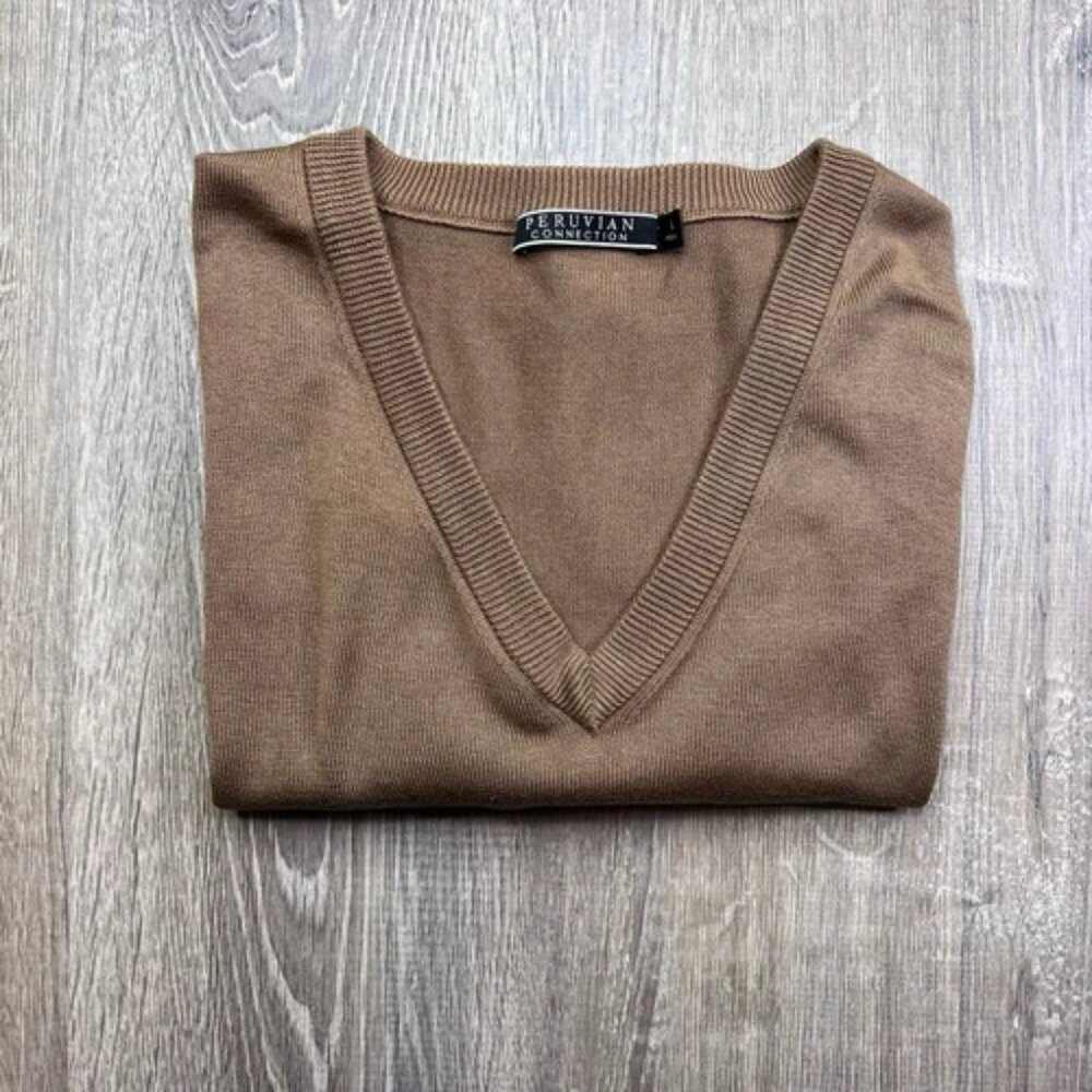 Peruvian Connection Mens 100% Cotton Sweater Vest Size L Large Khaki Brown